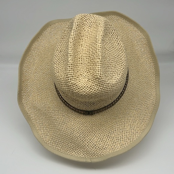 Steve Madden Woven Paper Yarn Sun Hat with gold accents‎ & black lace overlay - Picture 1 of 5